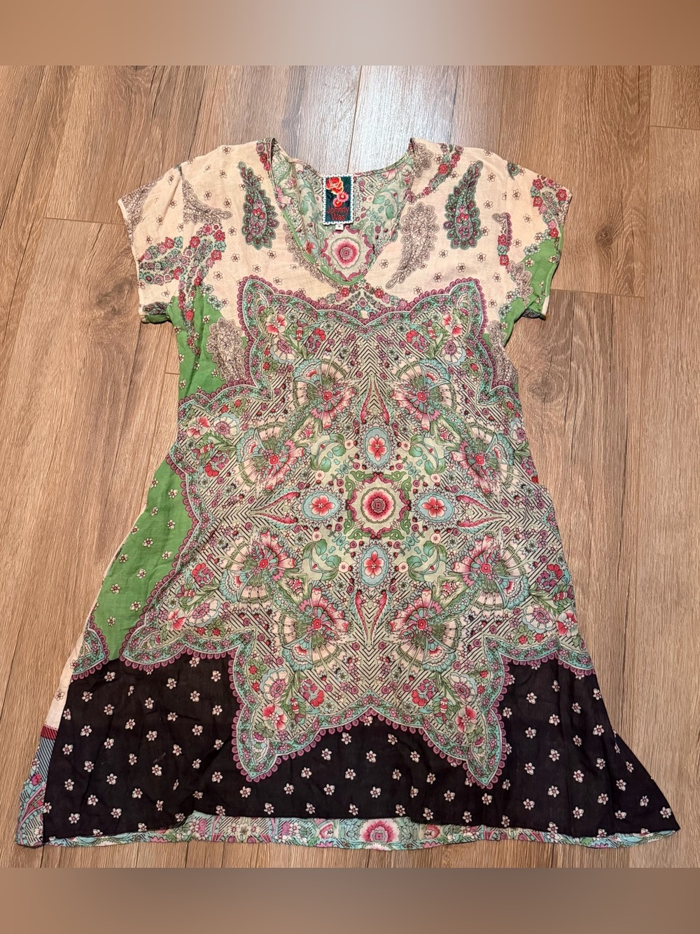 Johnny Was Paisley Tunic Dress Womens Short Sleeve Green Black 100% Cotton Small